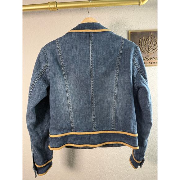 Women's Liz Claiborne Denim Blue Jean Tan Trimmed Snap Front Jacket Size 4 - Picture 7 of 9